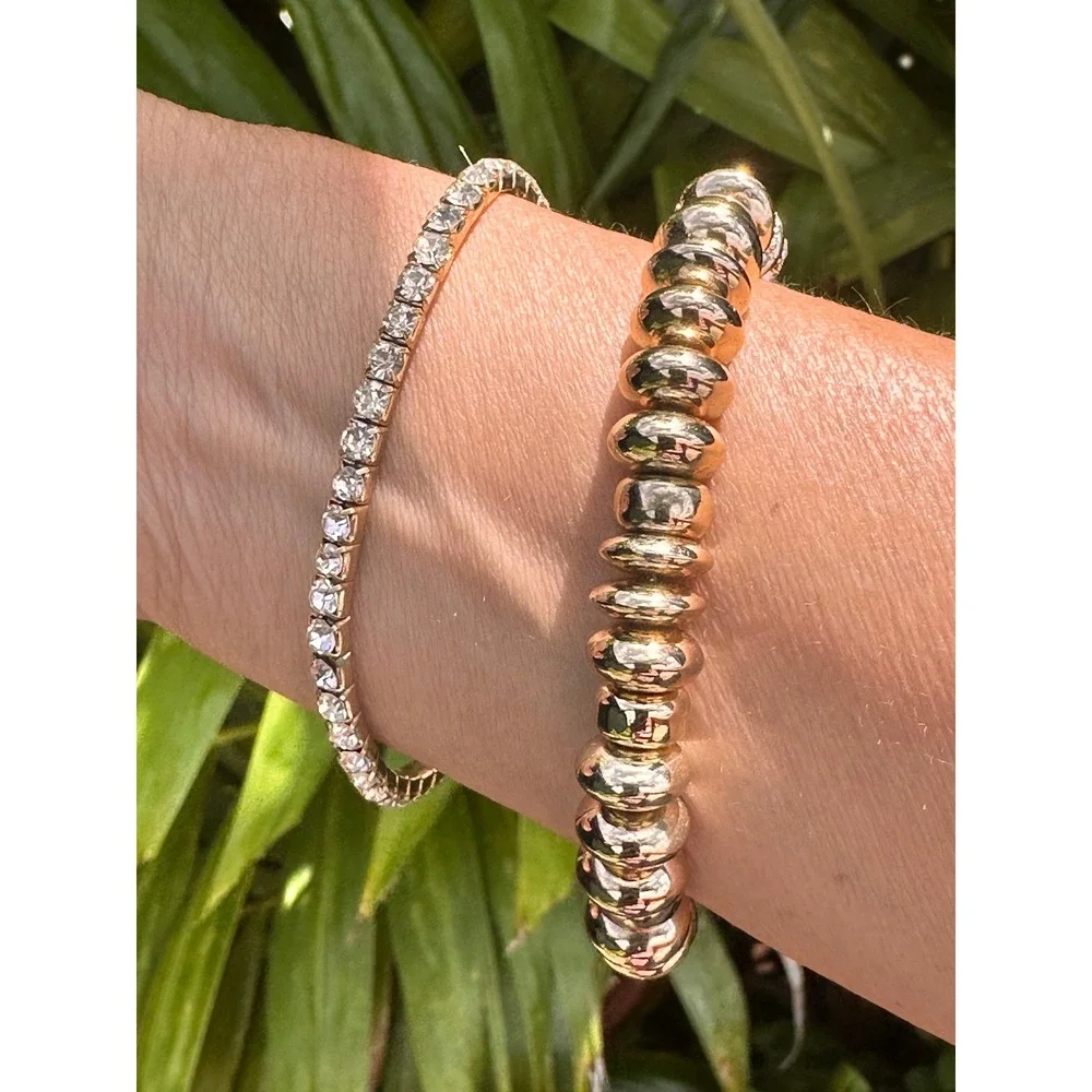 Gold Tone Beaded Stretch Bracelet Set Crystal Tennis Bracelet Stackable Glamour